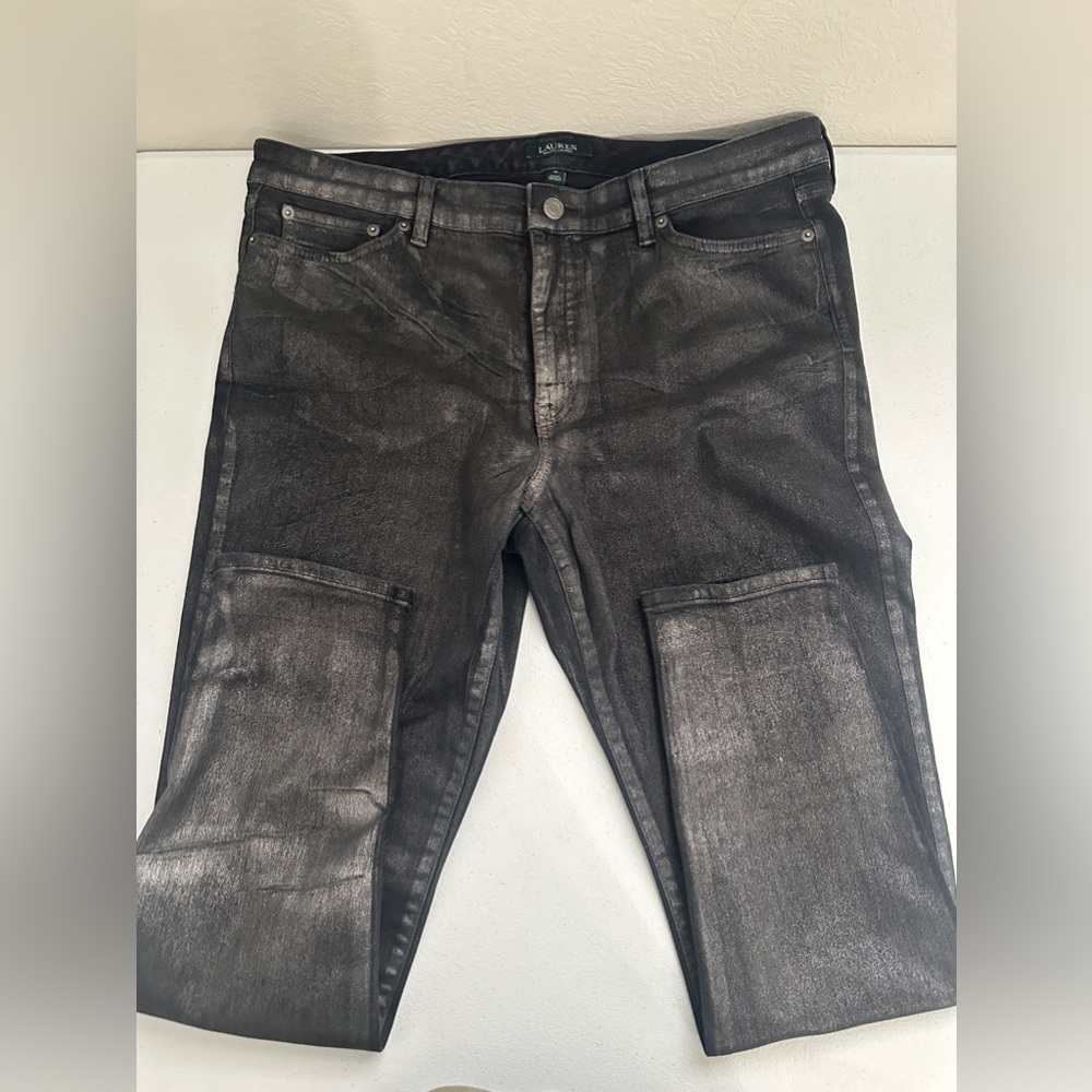 Lauren Ralph Lauren Women’s Mid Rise Metallic Coated Skinny Jeans Grey Size 16